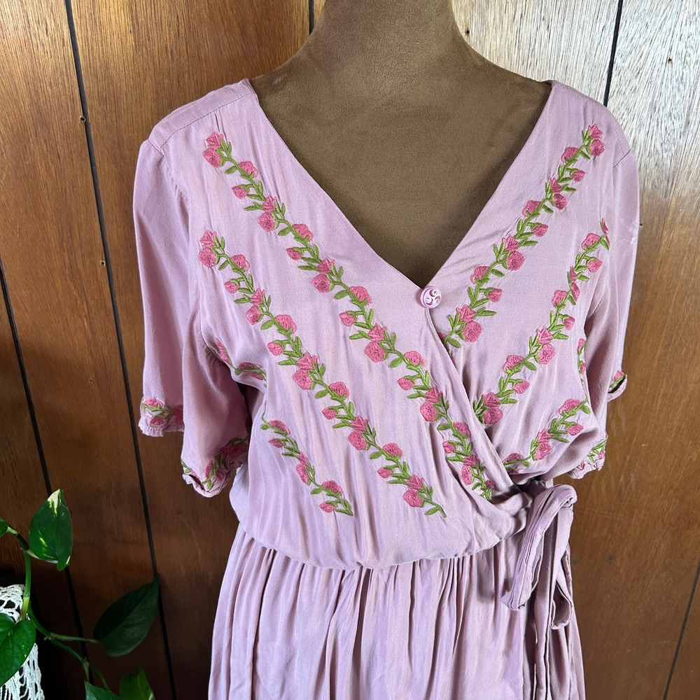 Jodifl Womens Small Pink Embroidered Floral Wrap High Low Maxi Dress Boho Rose - Picture 2 of 13